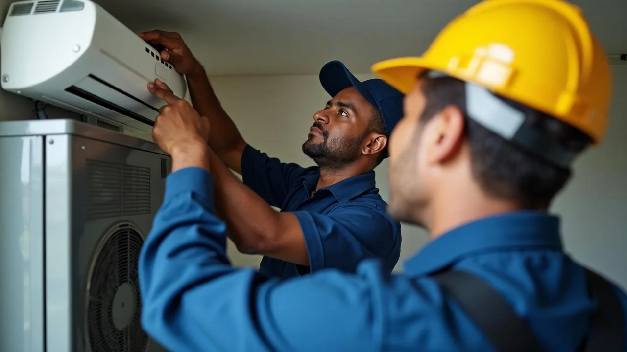 Two HVAC technicians working together on indoor cooling equipment