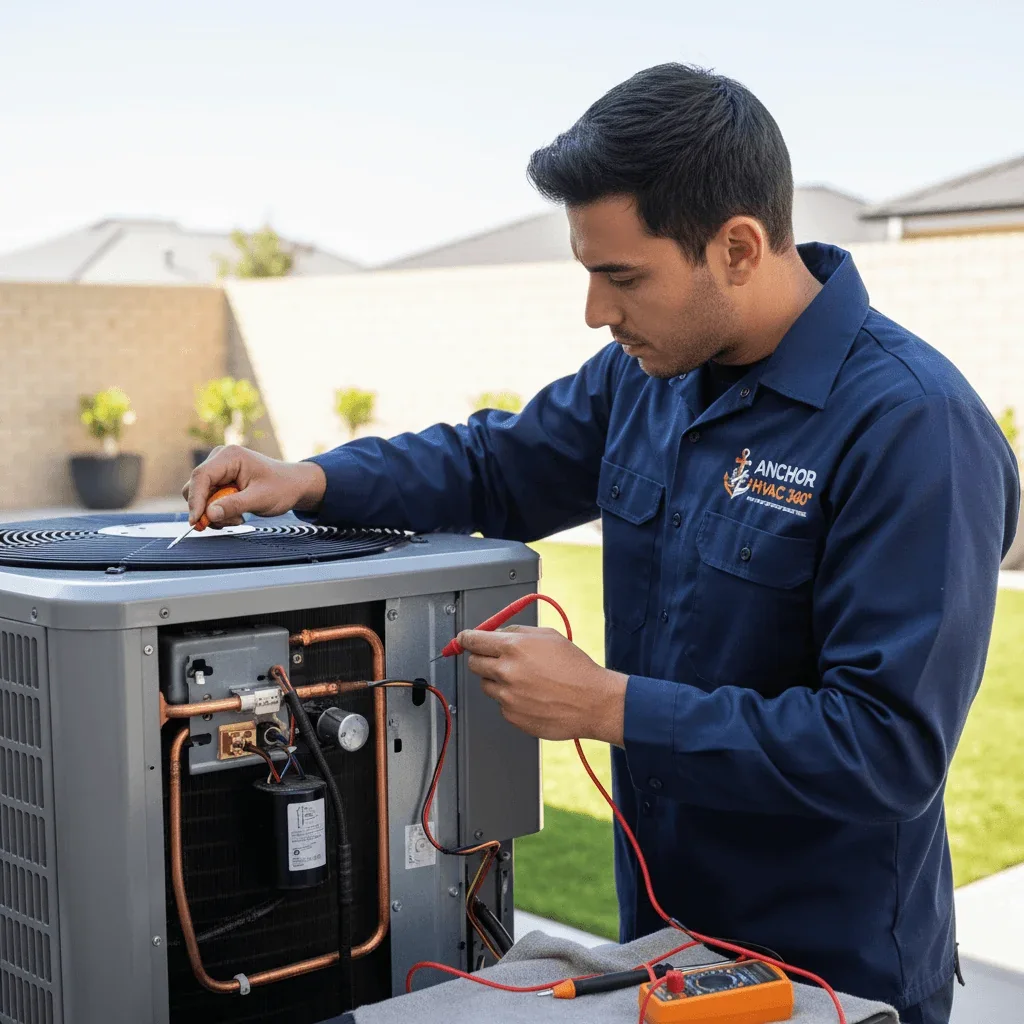 Technician checking a residential air conditioning unit during installation