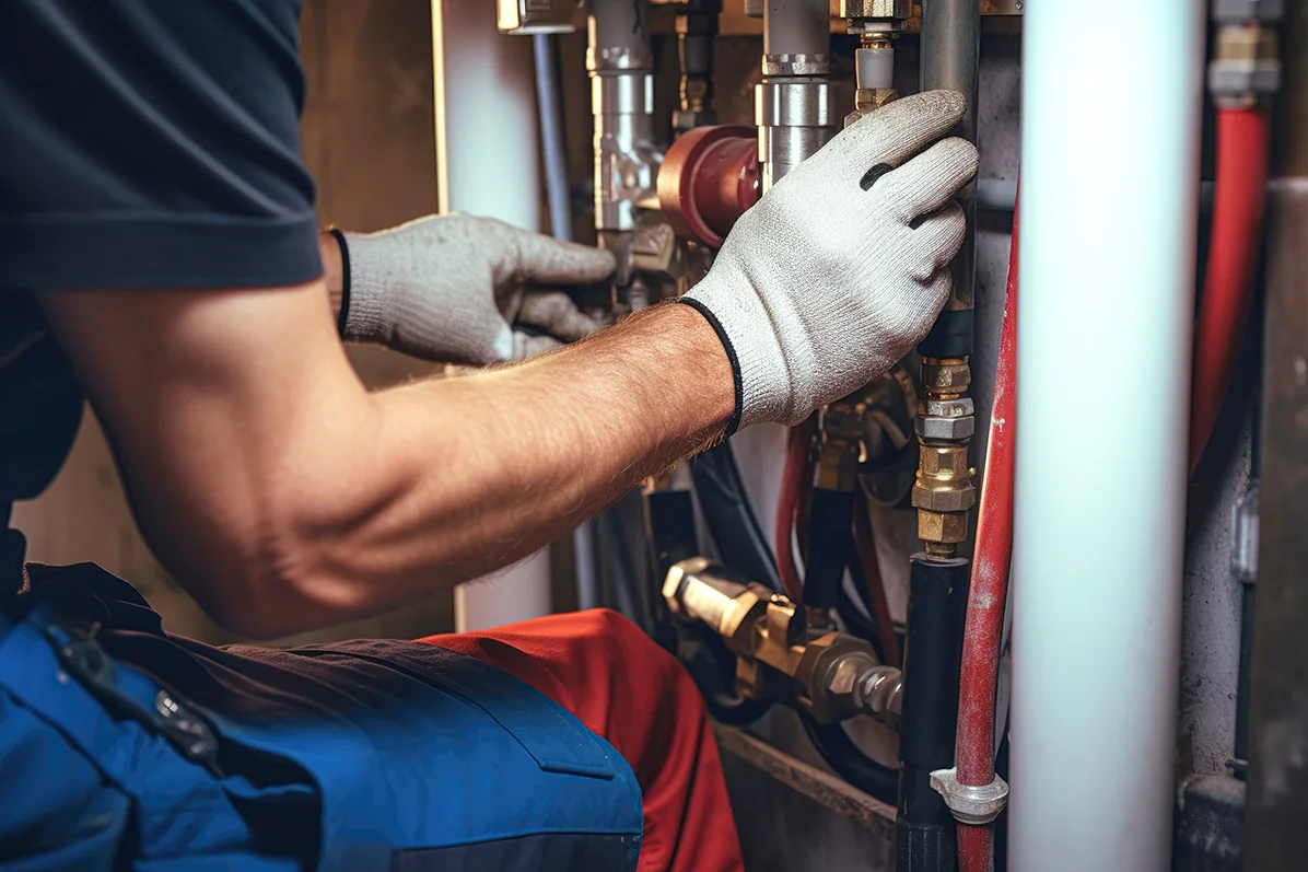 Technician repairing controls inside HVAC equipment