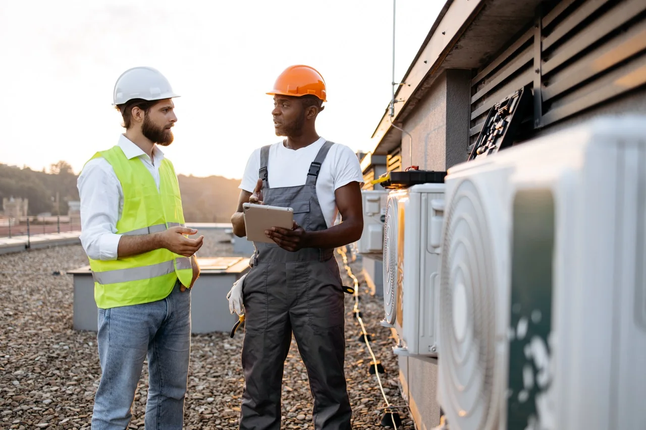 HVAC professionals reviewing rooftop cooling equipment during an inspection