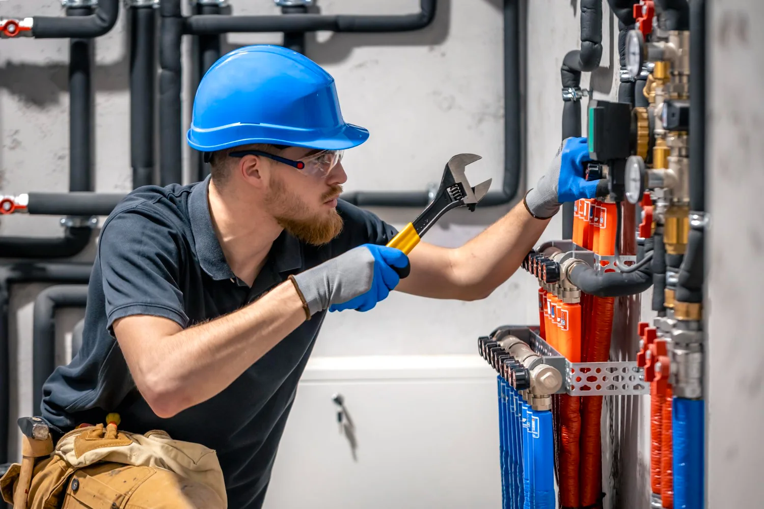 HVAC technician installing and servicing heating system pipework