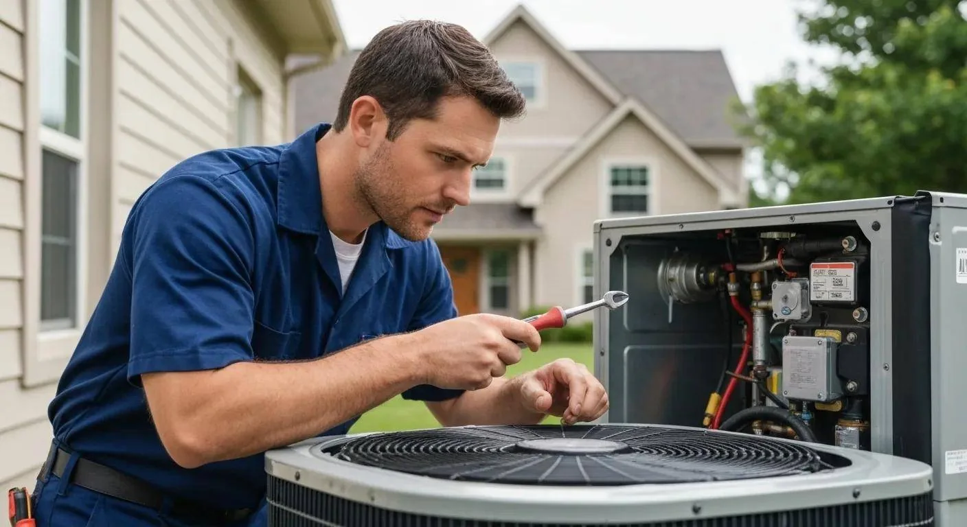 Residential HVAC technician repairing an outdoor condenser