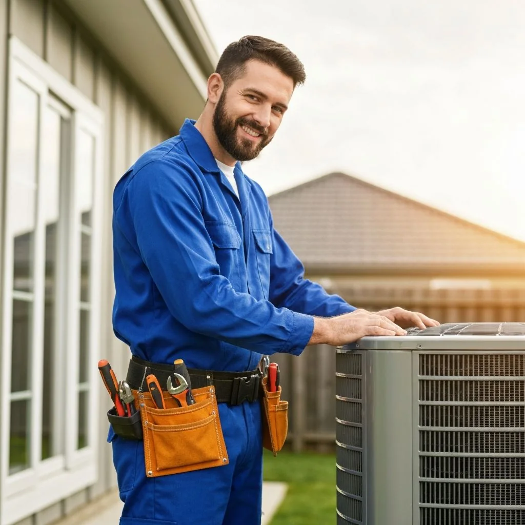 HVAC technician standing beside a residential air conditioning system