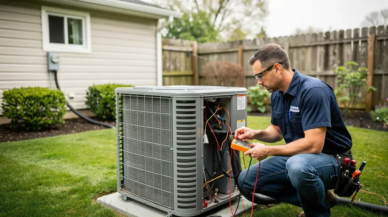 Technician evaluating a residential HVAC unit for service or replacement